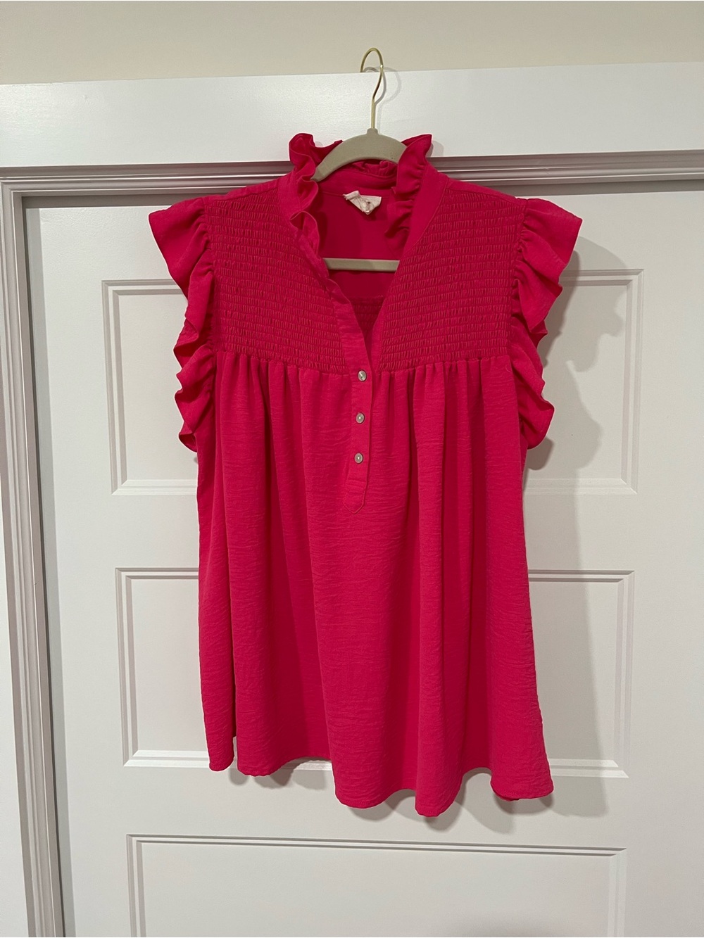 BiBi Hot Pink Ruffle Sleeve Smocked Yoke Blouse